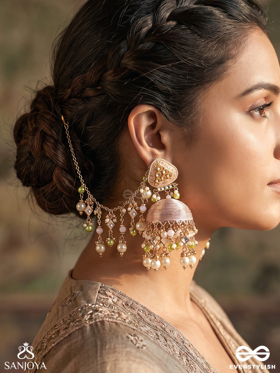 Kaushalya – Royal Grace – Heritage Chain Earrings With Silk-Wrapped Jhumka, Pearl Clusters, Pastel Bead Danglers And Delicate Ear Chain