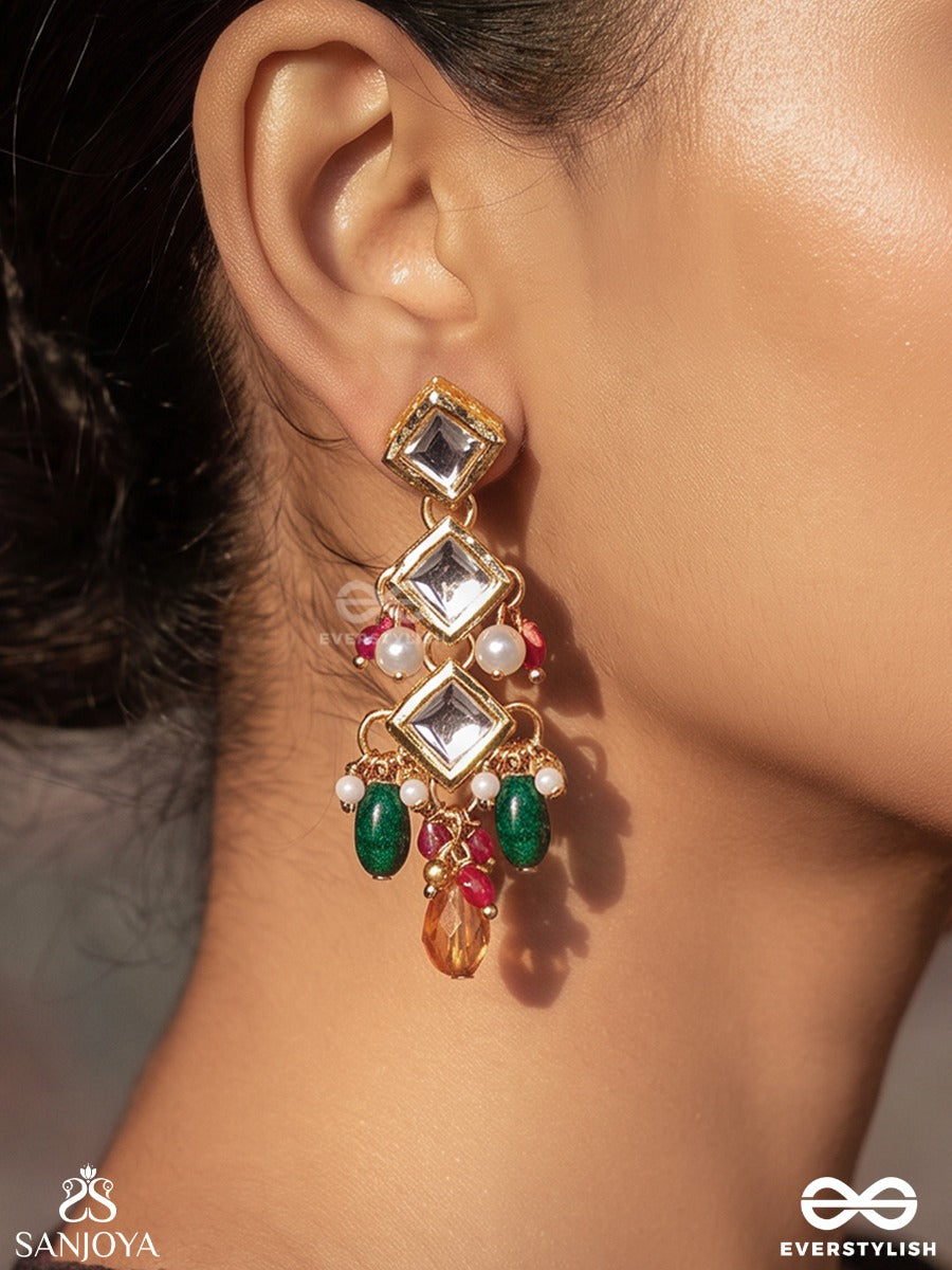 Suranjana – One Who Brings Delight – Heritage Earrings With Geometric Kundan Settings, Emerald Drops And Peach Crystal Accents