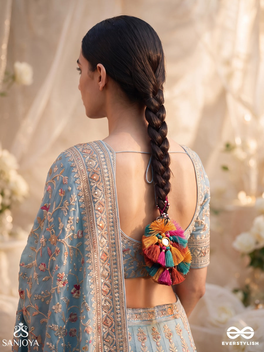 Chitrapankhi – Colourful Wings – Boho Juda Hair Accessory With Multicolour Thread Rosettes, Mirror Work And Ghungroo Charms