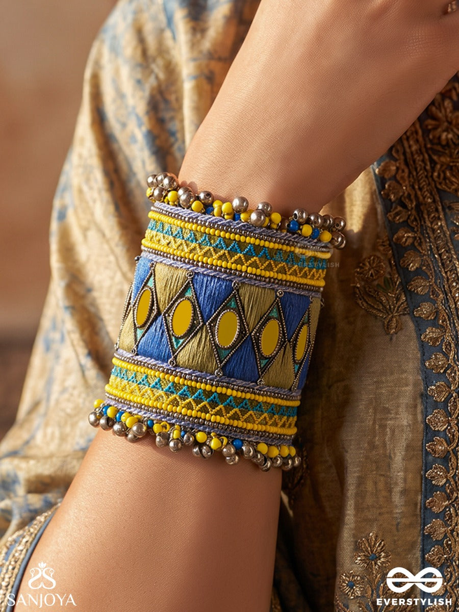 Jhanaki – Musical Chime – Handcrafted Bangle With Blue-Yellow Thread Embroidery, Mirror Work And Oxidised Ghungroo Accents