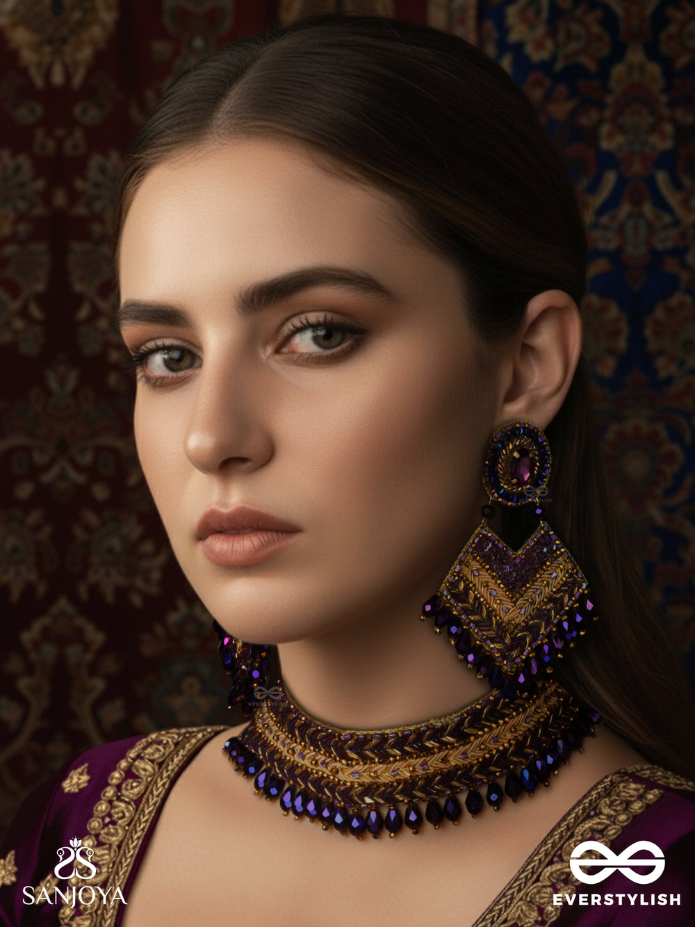 Aktaa - The Night Sky - Glass Beads And Lace Embroidered Set With Choker Neckpiece & Earrings