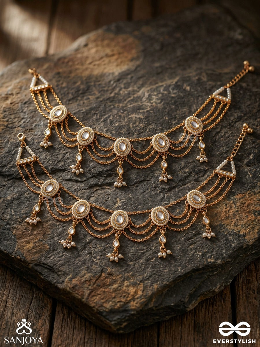 Zaibrang – Adorned Splendour – Layered Pajeb (Anklet) Set Of 2 With Pearl Drapes, Kundan Motifs And Dangling Charms
