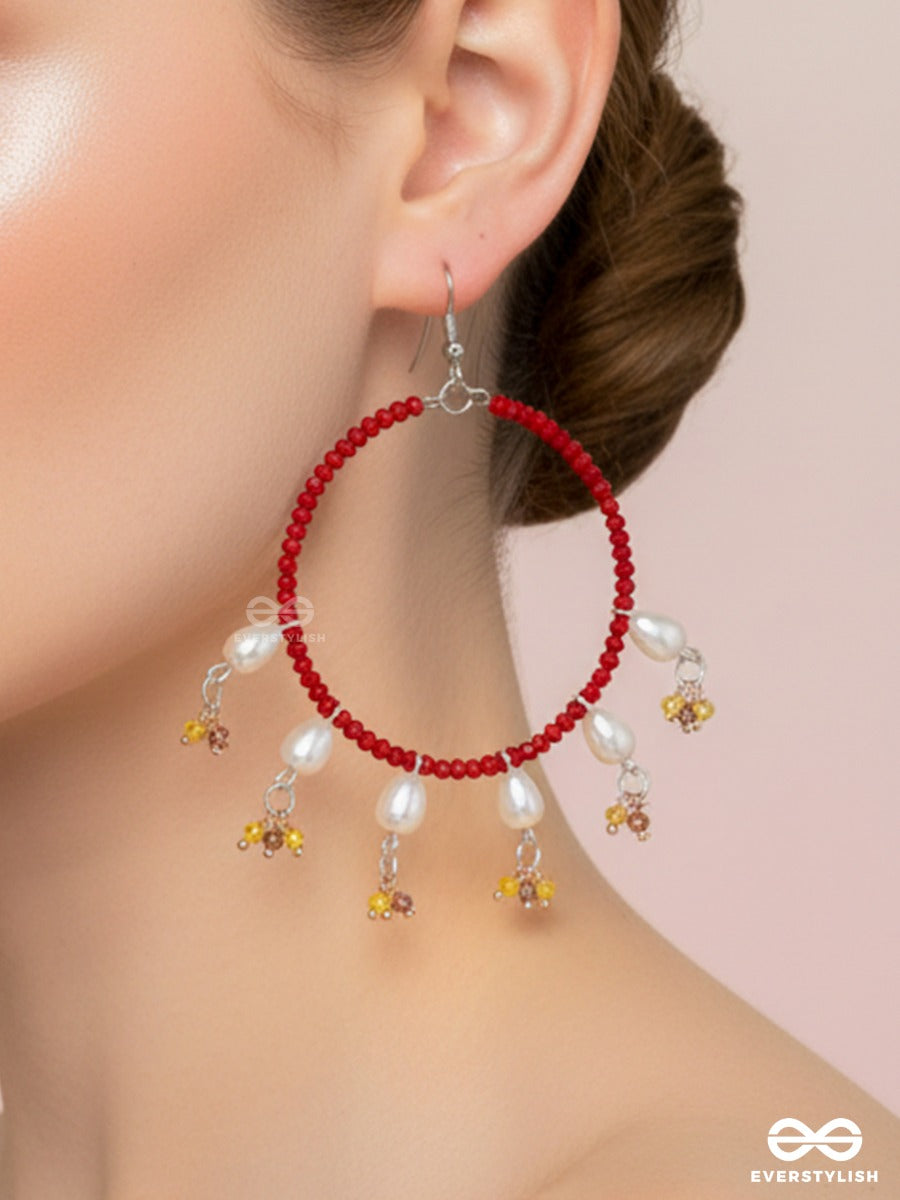 Scarlet Daisy – Red Beaded Hoop Earrings With Pearl And Floral Charms