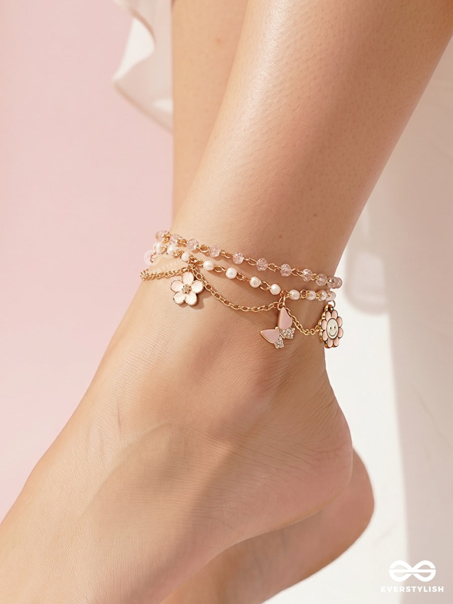 Pink Whimsy – Golden Layered Pearl Anklet (Single) With Pearl Strands, Floral And Bow Charms