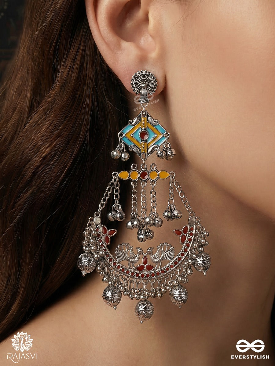 Rajmeenakari – Oxidised Chandbali Earrings With Blue Enamel Motifs, Lotus Filigree And Ghungroo Drops