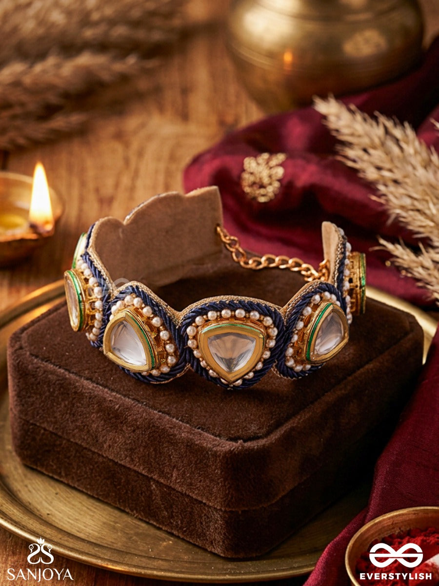 Mayoori – Peahen Grace – Heritage Bangle (Single) With Navy Threadwork, Mirror Kundan Motifs, Pearl Borders And Emerald Accents