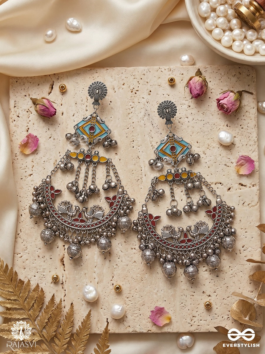 Rajmeenakari – Oxidised Chandbali Earrings With Blue Enamel Motifs, Lotus Filigree And Ghungroo Drops
