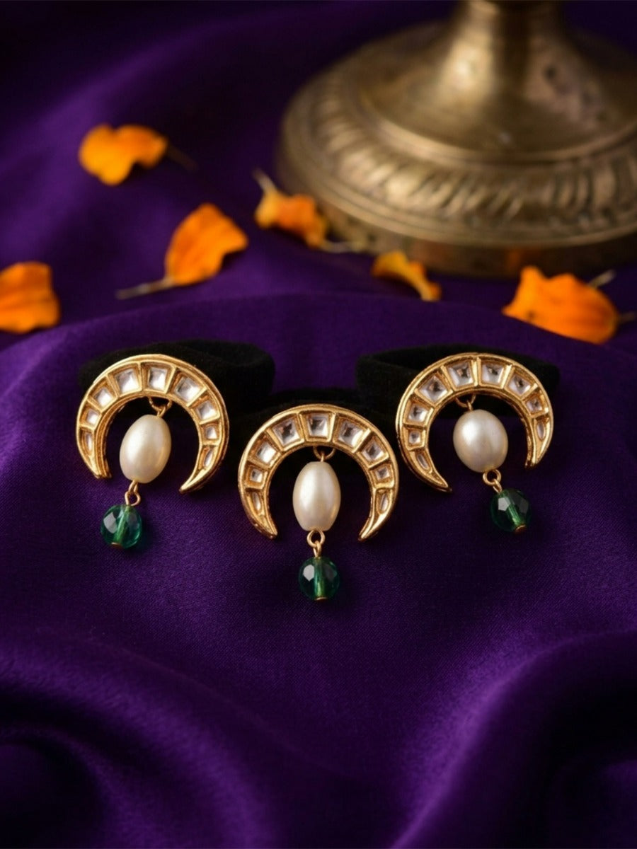 Ratnika - Little Jewel - Pack Of 3 Hair Accessories With Crystal-Studded Golden Crescent Motifs, Pearl Centres And Green Gem Drops