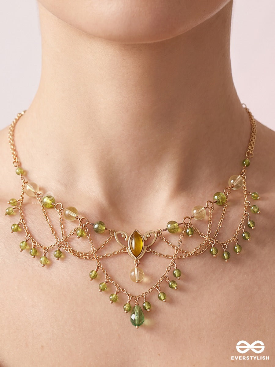 Sage Shimmer – Layered Green Crystal Beaded Drape Necklace With Golden Details