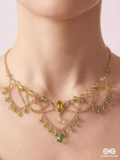 Sage Shimmer – Layered Green Crystal Beaded Drape Necklace With Golden Details