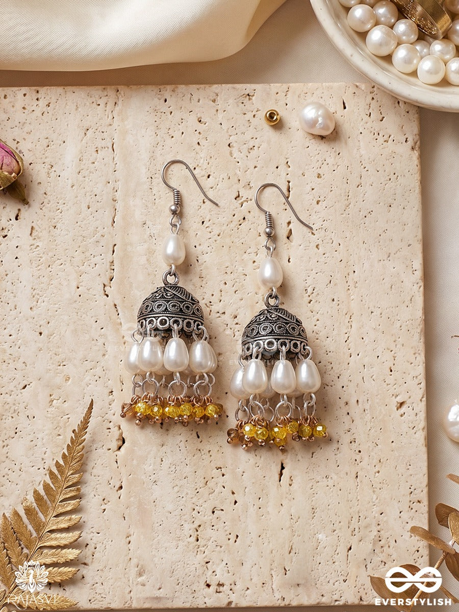 Chandramukhi – Oxidised Dome Jhumka Earrings With Layered Pearl Clusters And Golden Bead Fringe