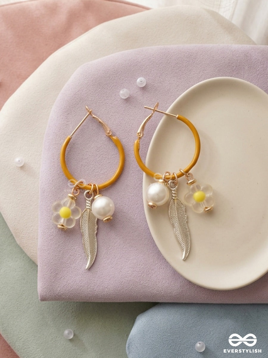 Honeybird – Mustard Hoop Earrings With Pearl, Floral And Feather Charms