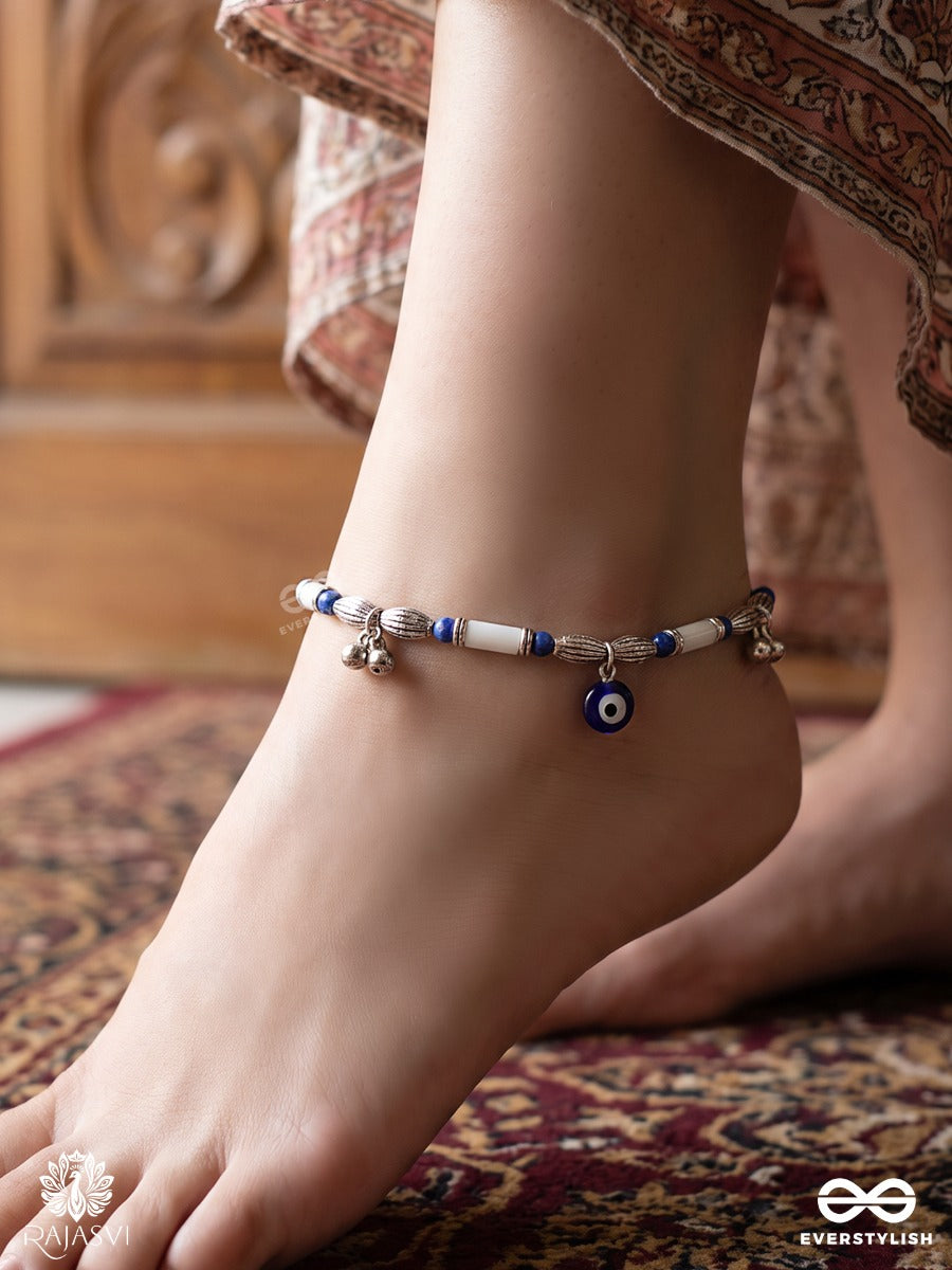 Nayanjyoti – Oxidised Anklet (Single) With Evil-Eye Charm, Blue And White Beads