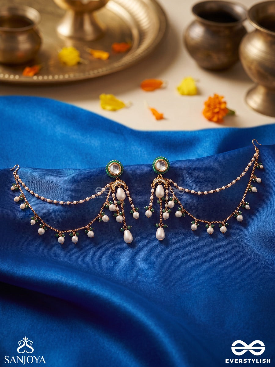 Quinara – Precious Grace – Elegant Ear Chain Earrings With Emerald Bead Accents, Lustrous Pearl Drops, Layered Golden Chains And Ornate Circular Stud Detailing