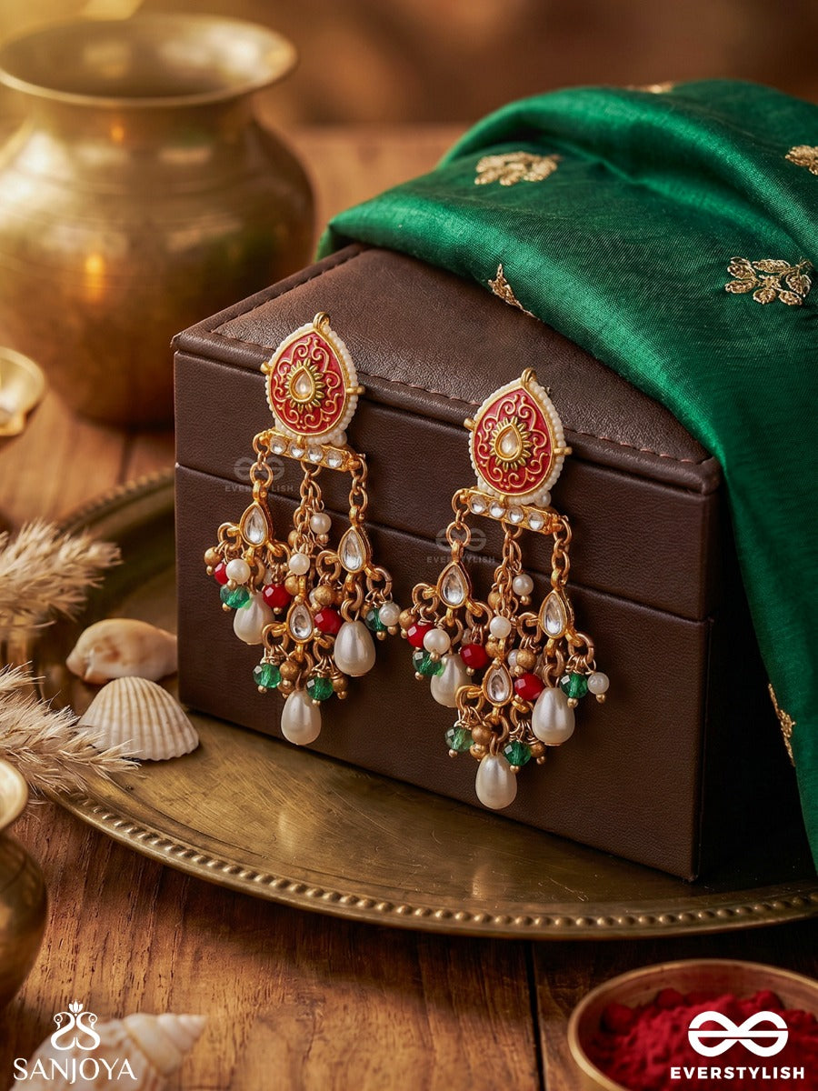 Zarmeena – Golden Bloom – Ornate Earrings With Enamelled Floral Tops, Multi-Colour Gem Clusters, Pearl Drops And Dangling Accents