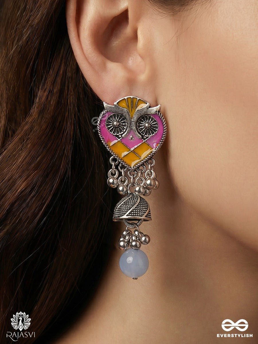 Nishapankhi – Oxidised Enamel Earrings With Owl Motifs, Tribal Charms And Sky Blue Bead Drops