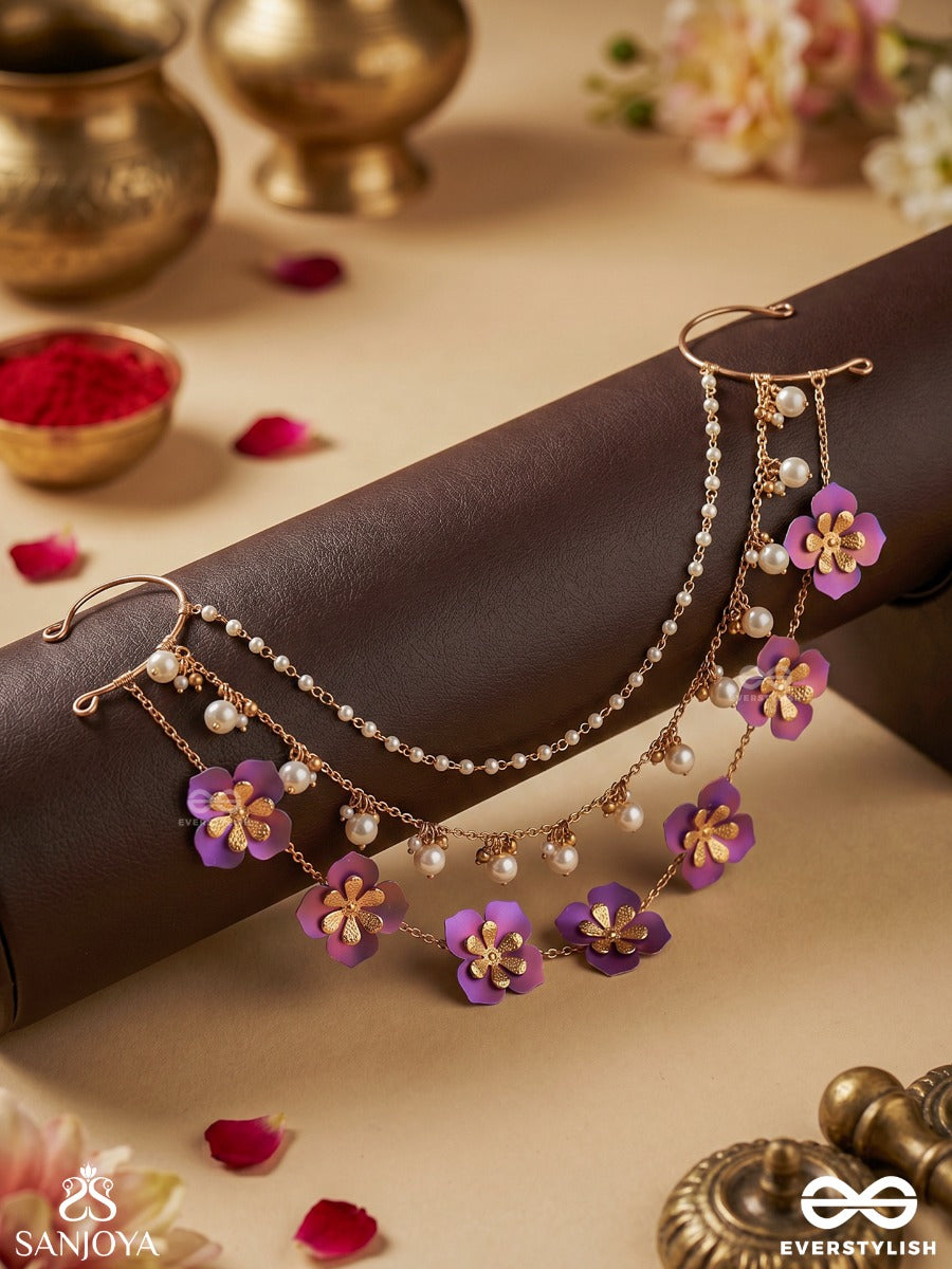 Kusumlehri – Wave Of Blooms – Ornate Chain Earcuff With Violet And Pink Floral Motifs, Double Chain Drapes And Delicate Gold-Tone Detailing