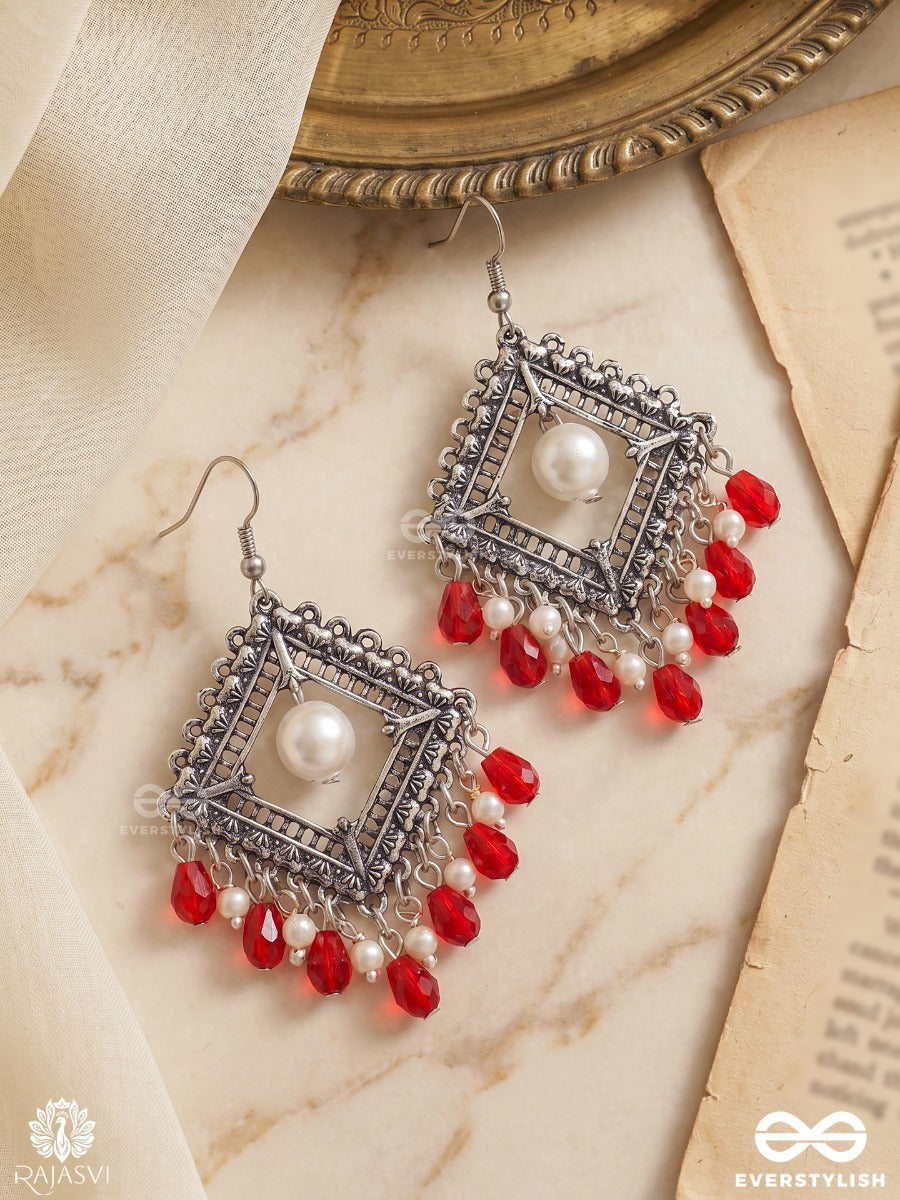 Sindurika – Oxidised Diamond Earrings With Pearl Centre And Ruby Red Bead Drops