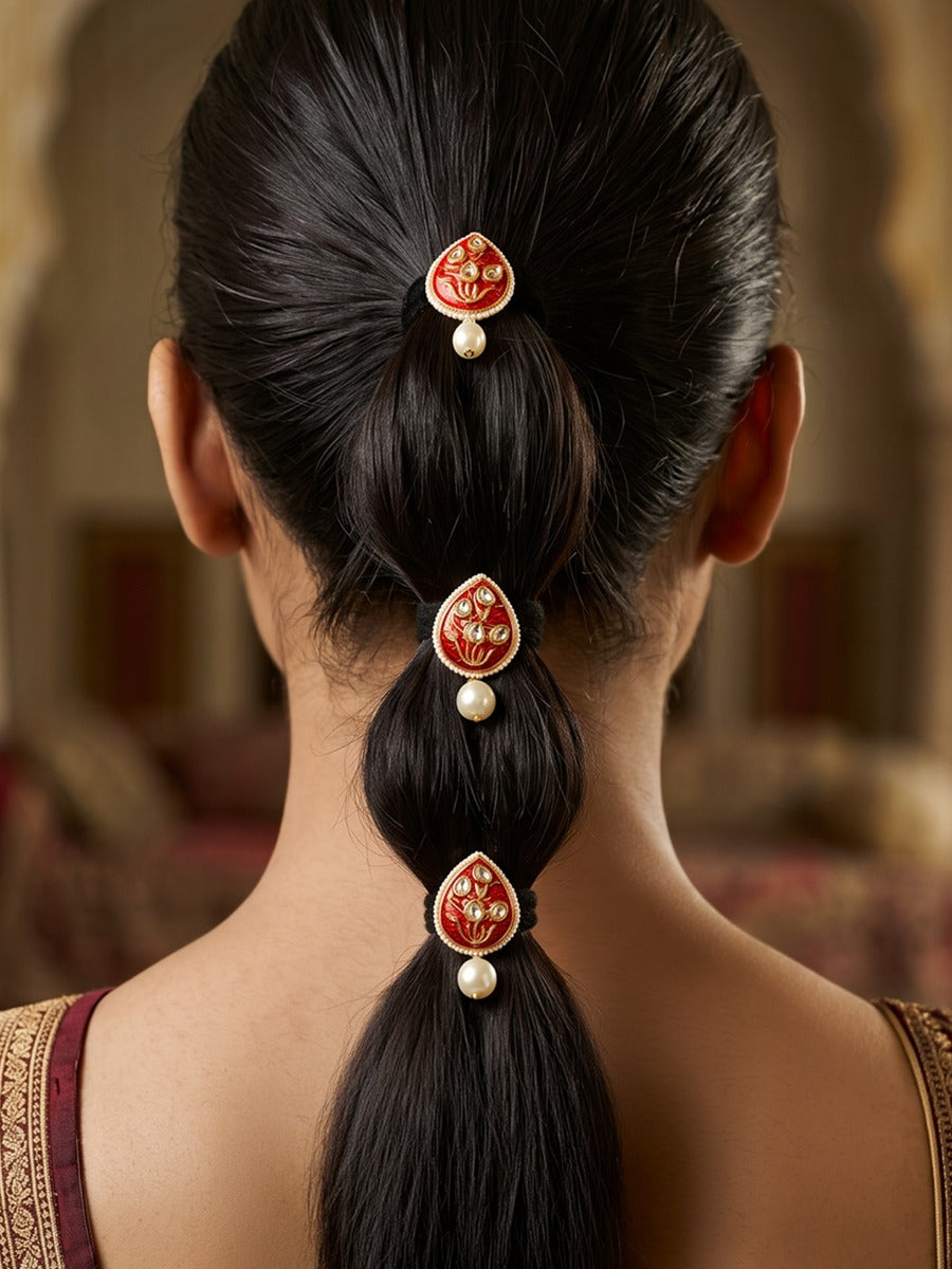 Parnavi - Ornamental Leaf - Pack Of 3 Hair Accessories With Deep Red Enamel Motifs, Kundan-Style Stones, Pearl Edging And Statement Pearl Drops