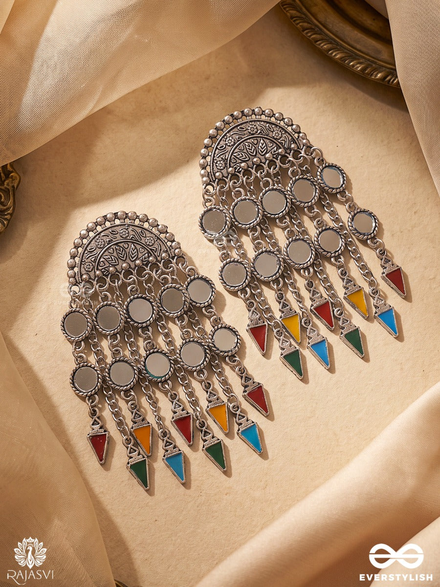 Rangmandal – Oxidised Earrings With Multicolour Enamel Charms And Mirror Details