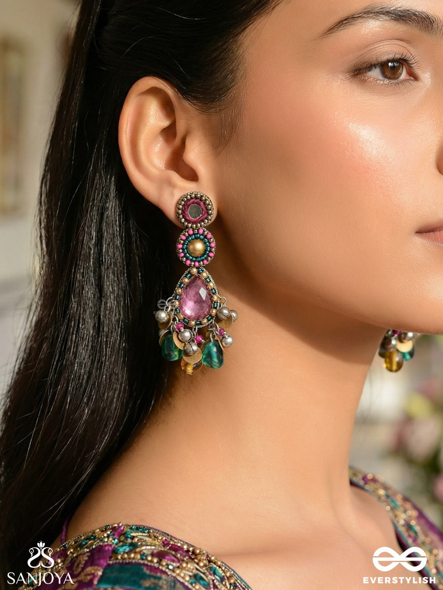 Vashikrit - The Hypnotic Tiers - Mirror, Stones, Coins And Glass Drops Hand Embroidered Oxidised Earrings