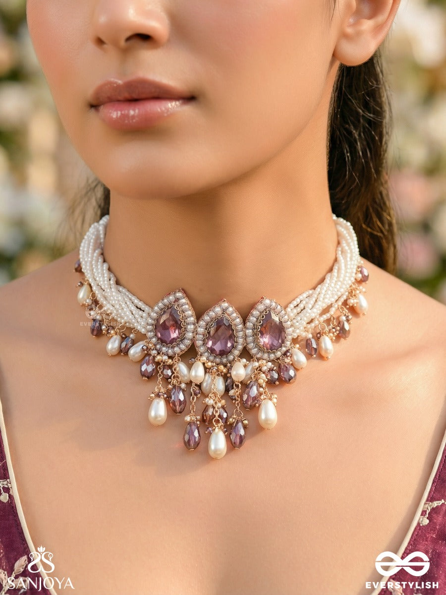 Syamatva - The Sparkling Night - Stone, Beads And Pearls Hand Embroidered Neckpiece