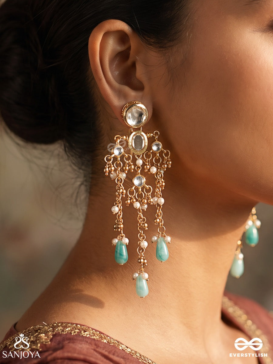 Tanirika – Water-Born Beauty – Heritage Earrings With Mirror Kundan Motifs, Pearl Clusters, Cascading Chains And Aqua Drop Accents