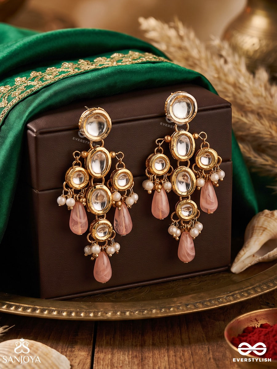 Tavishi – Radiant Grace – Heritage Earrings With Mirror Kundan Motifs, Blush Pink Teardrop Danglers And Pearl Accents