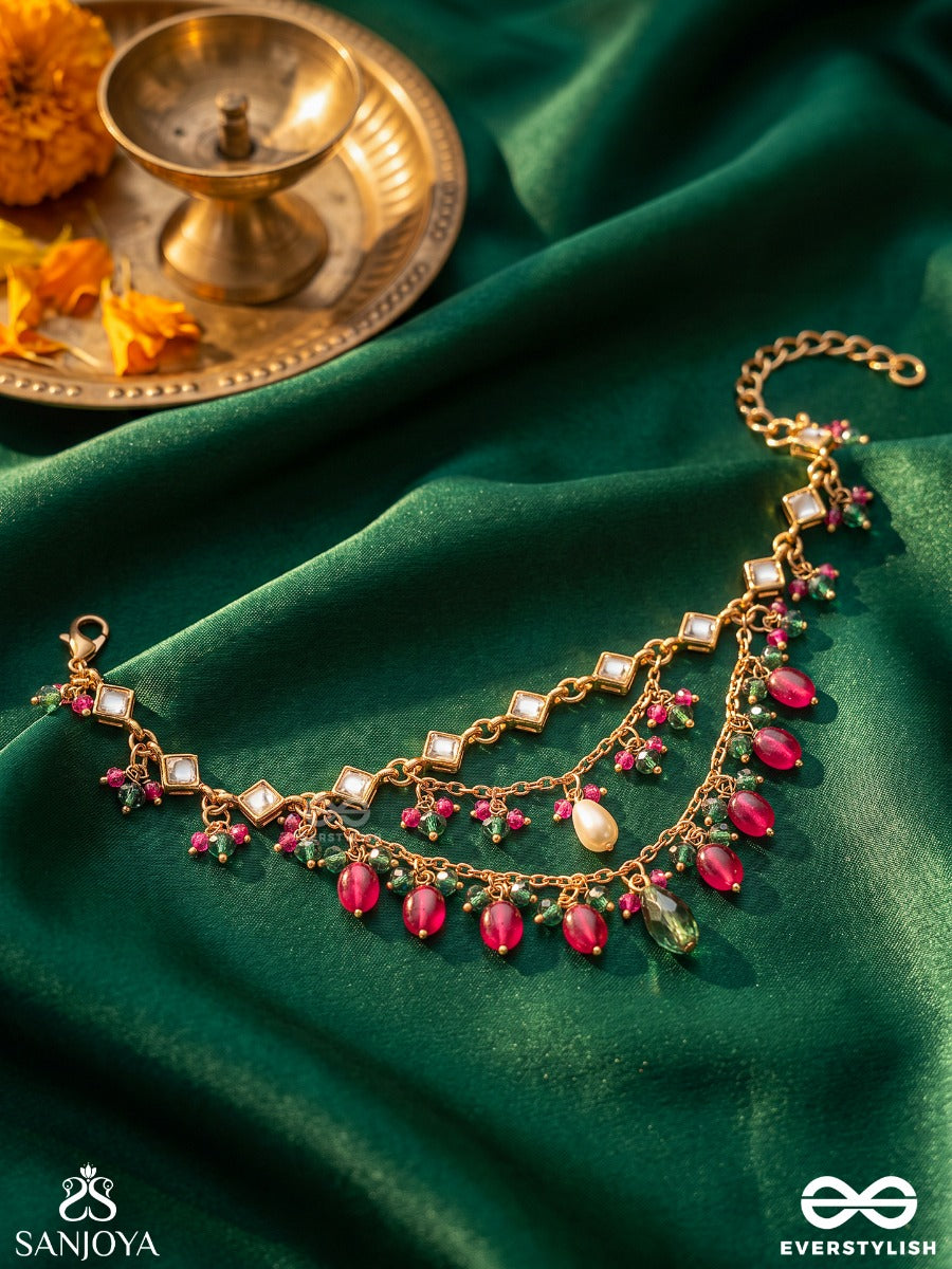Kalyani – Auspicious One – Heritage Armlet (Single) With Kundan Linkwork, Layered Pearl Chains, Pink-Green Bead Drops And Golden Detailing