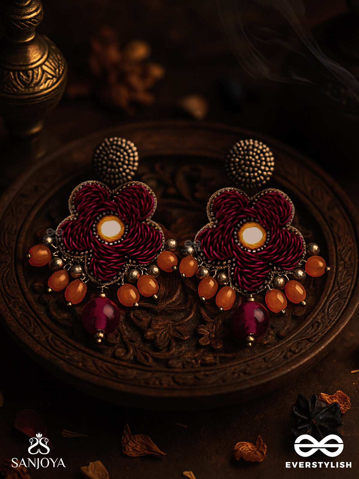 Sumanas - The Burgundy Flowers - Mirror, Resham, Dabka And Glass Drops Hand Embroidered Set With Oxidised Choker Neckpiece & Earrings