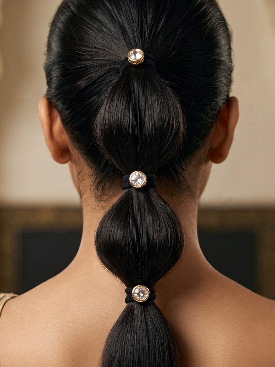 Mishika - Sweet Grace - Pack Of 3 Black Hair Accessories With Round Golden Centrepiece And Clear Crystal Detail