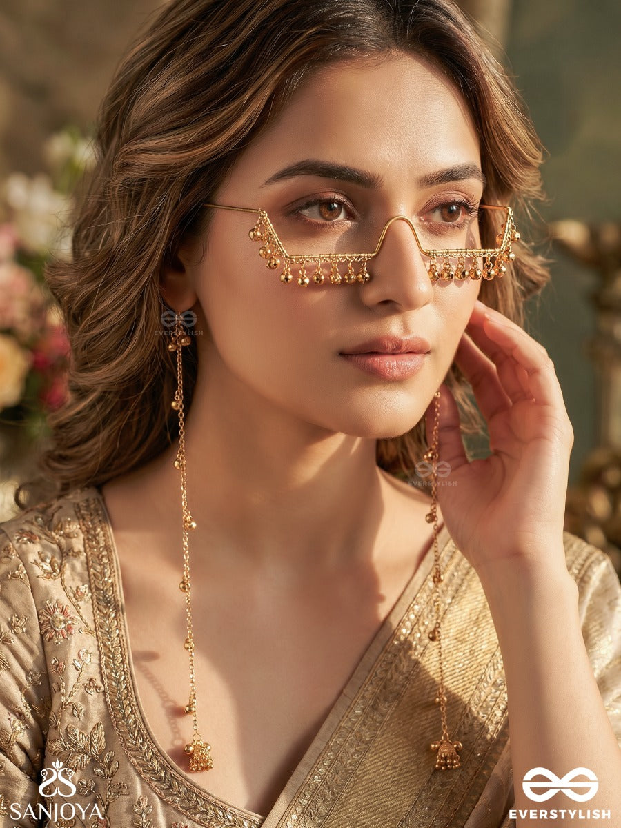 Hridaya – Heart Of Grace – Delicate Facelet With Slender Golden Chains, Floral Links And Ghungroo Drops