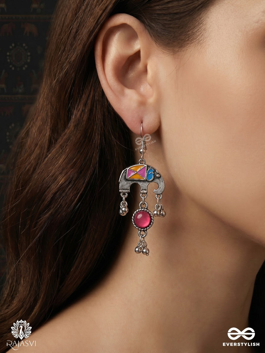 Rangdooti – Oxidised Enamel Earrings With Multicolour Mosaic Motifs, Magenta Stones And Ghungroo Drops