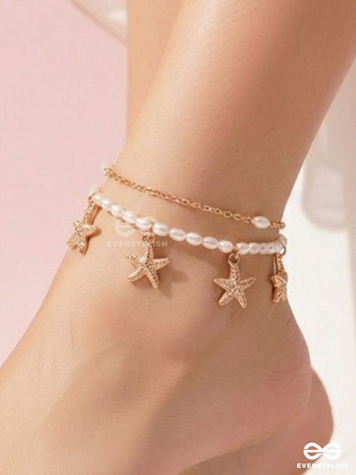 Pearl Starlight – Golden Anklet (Single) With Starfish Charms And Pearl Accents
