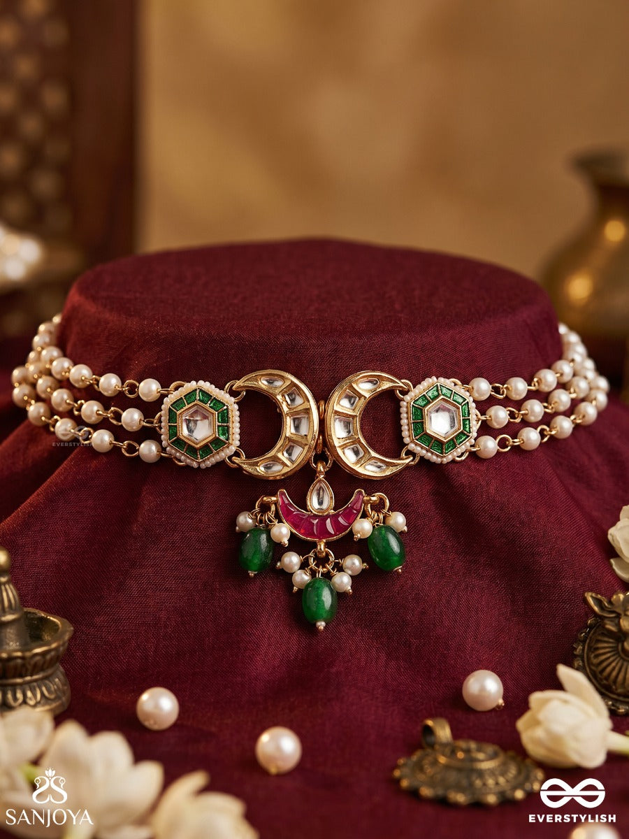 Shashiratna- Jewel Of The Moon- Kundan Necklace Inspired By The Moon's Radiance With Pearls And Green Drops