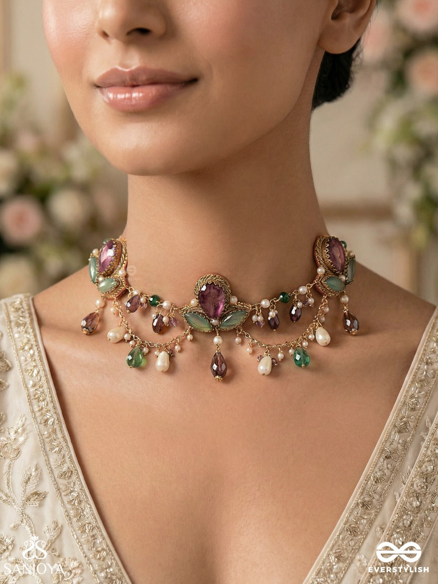 Aabharan - The Royal Ornament - Stones, Beads, Glass And Pearl Drop Embroidered Neckpiece With Anti-Tarnish Coating