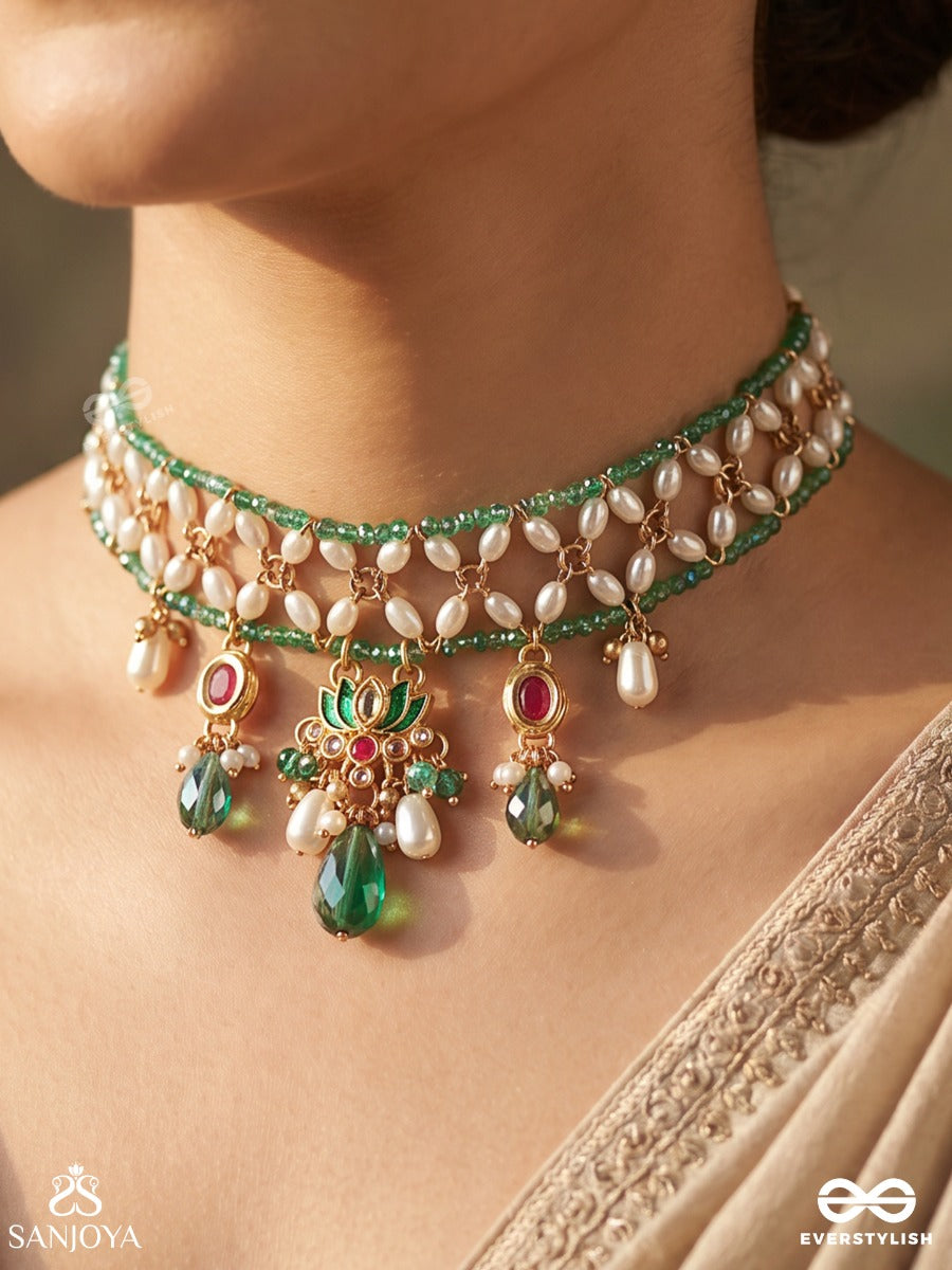 Kadambini – Cluster Of Blooms – Heritage Choker With Mother-Of-Pearl Floral Links, Kundan Details, Emerald Drops And Pearl Charms