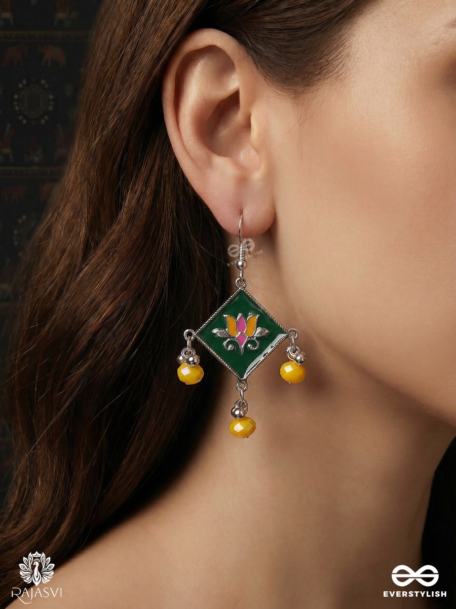 Pachirang – Oxidised Enamel Heritage Earrings With Green Diamond Motifs, Floral Details And Yellow Bead Drops