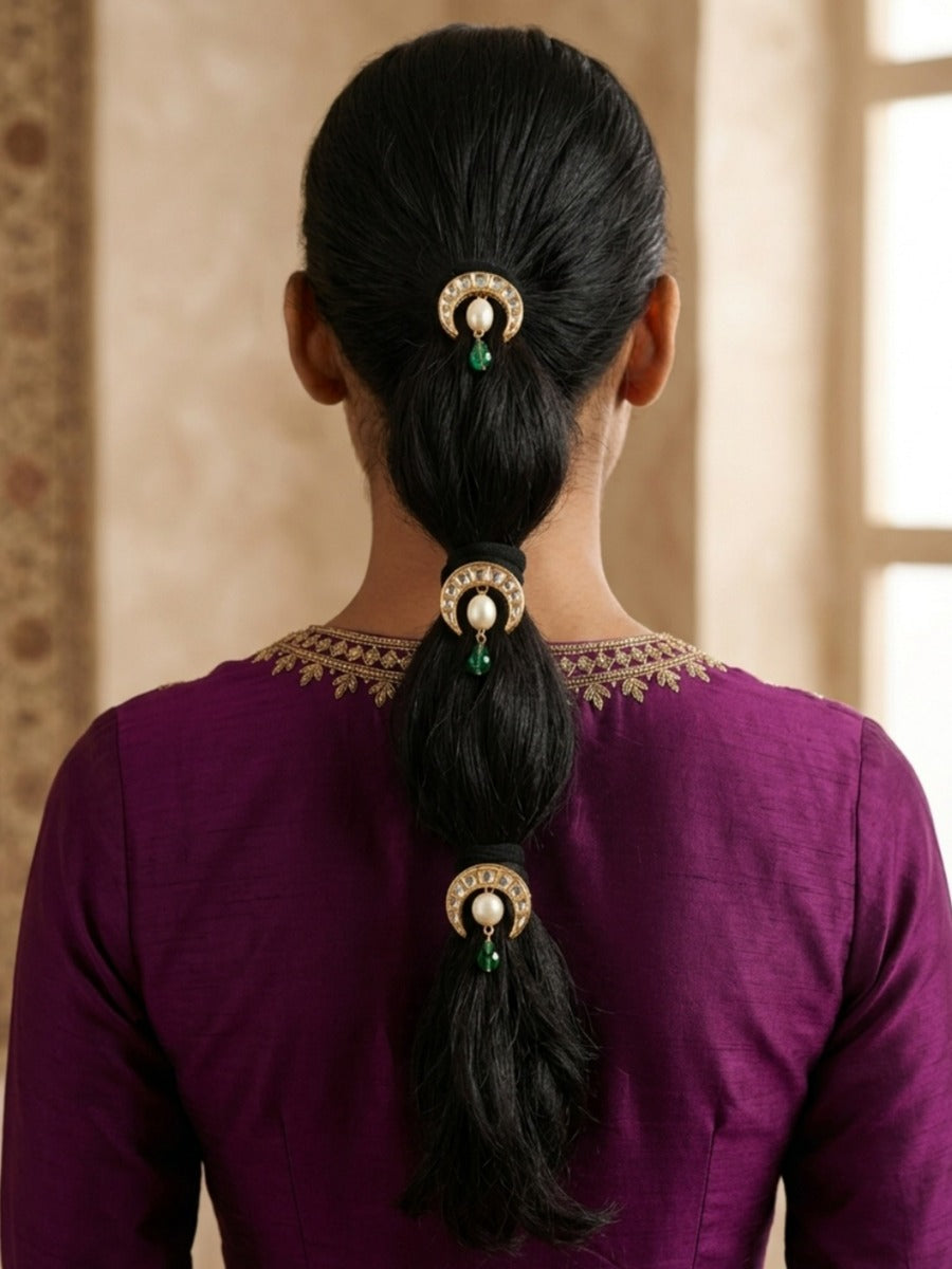 Ratnika - Little Jewel - Pack Of 3 Hair Accessories With Crystal-Studded Golden Crescent Motifs, Pearl Centres And Green Gem Drops