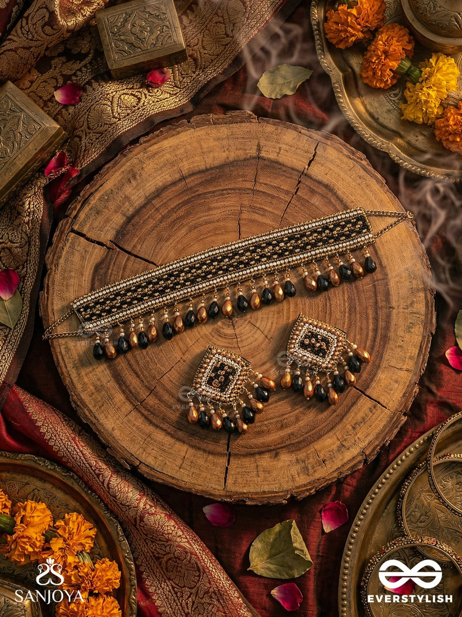 Nishakanta - The Beloved Of Night - Beads And Glass Drops Hand Embroidered Set With Choker Neckpiece & Earrings