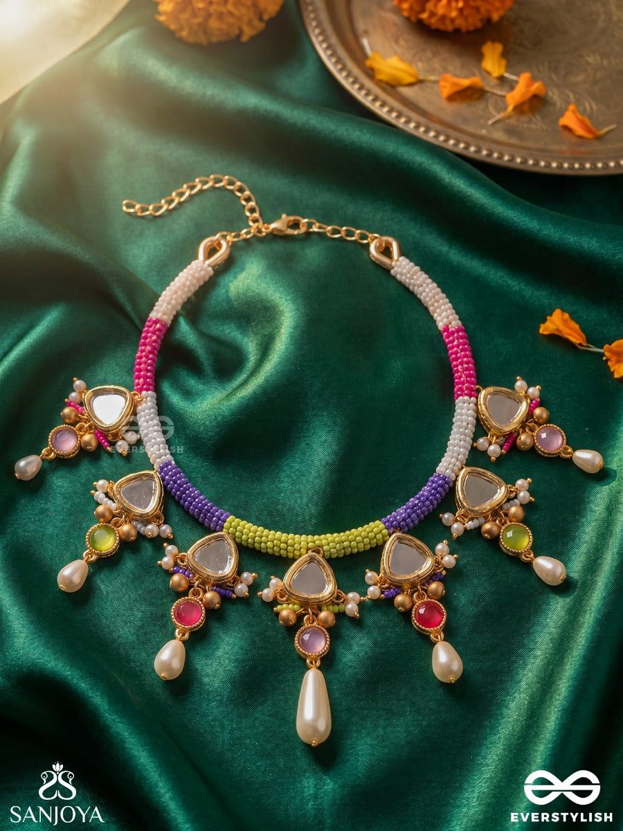Ranghasli – Coloured Collar – Ornate Hasli Necklace With Multi-Thread Wrapped Base, Kundan-Like Triangle Motifs, Pearl Drops And Colourful Bead Accents