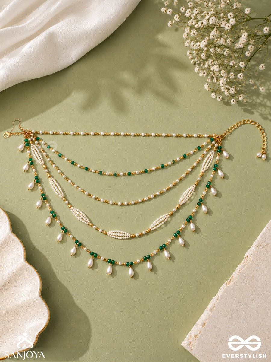 Yashna – Celebration Of Glory – Multi-Purpose 3-In-1 Layered Chain With Emerald Beads, Pearl Drops And Delicate Golden Strands