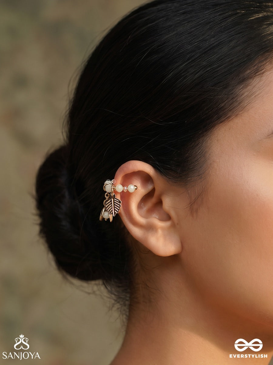 Shankhpatra – Shell And Leaf – Ornate Single Earcuff With Soft Mint Beadwork, Gold-Tone Leaf Charms And Delicate Shell Detail