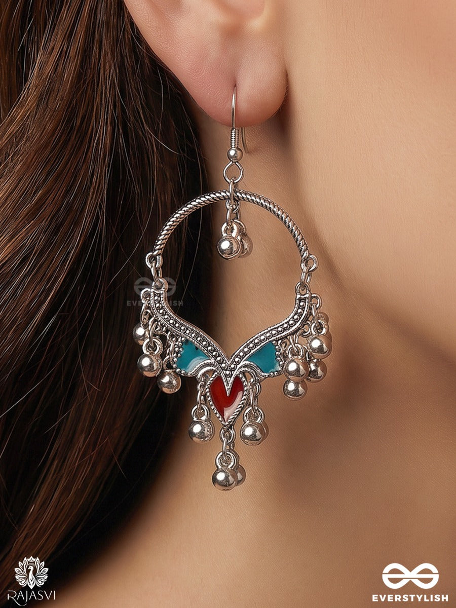 Hridini – Oxidised Hoop Earrings With Red And Turquoise Enamel Accents And Ghungroo Drops