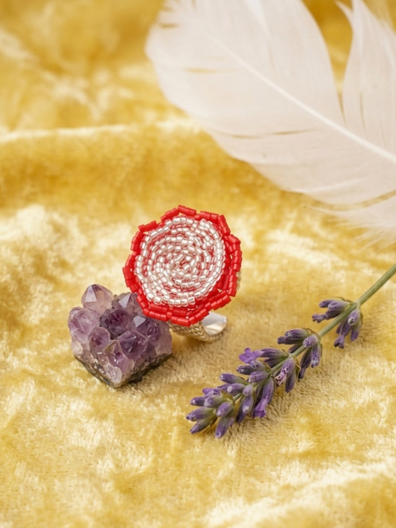 Cherry Bloom - Red & Silver Beaded Flower Statement Ring