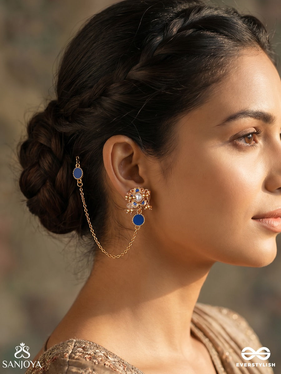 Jyotsnaa – Moonlight – Heritage Earrings With Sahara Ear Chain, Blue Enamel Disc And Pearl Ghungroo Drops