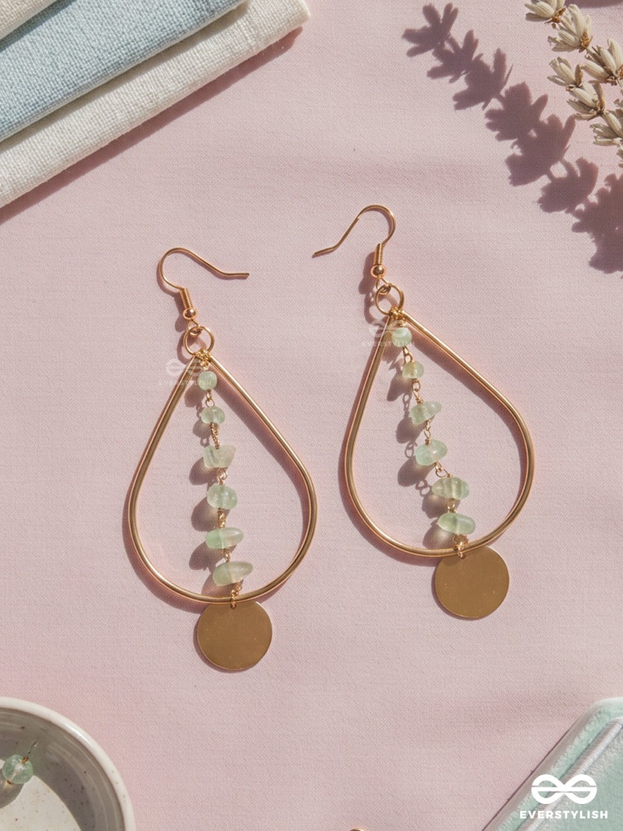 Ocean Medallion – Gold Teardrop Earrings With Sea Glass Beads And Aqua Crystals