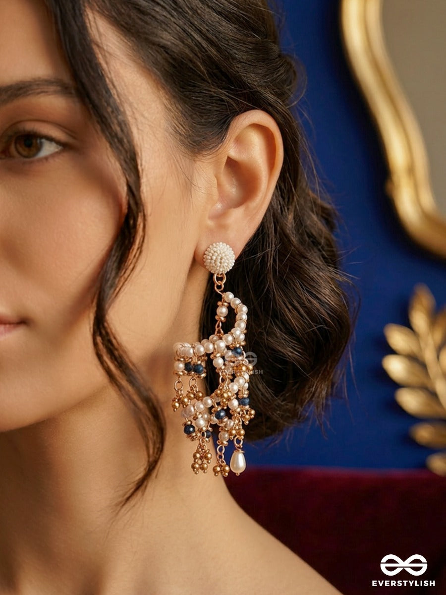 Ivory Galaxy – Pearl Spiral Earring With Golden And Midnight Blue Bead Crystals