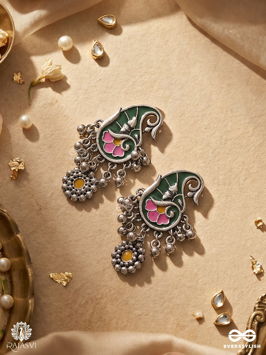 Pankhurika – Oxidised Heritage Enamel Earrings With Green Paisley Motifs, Lotus Details And Floral Danglers