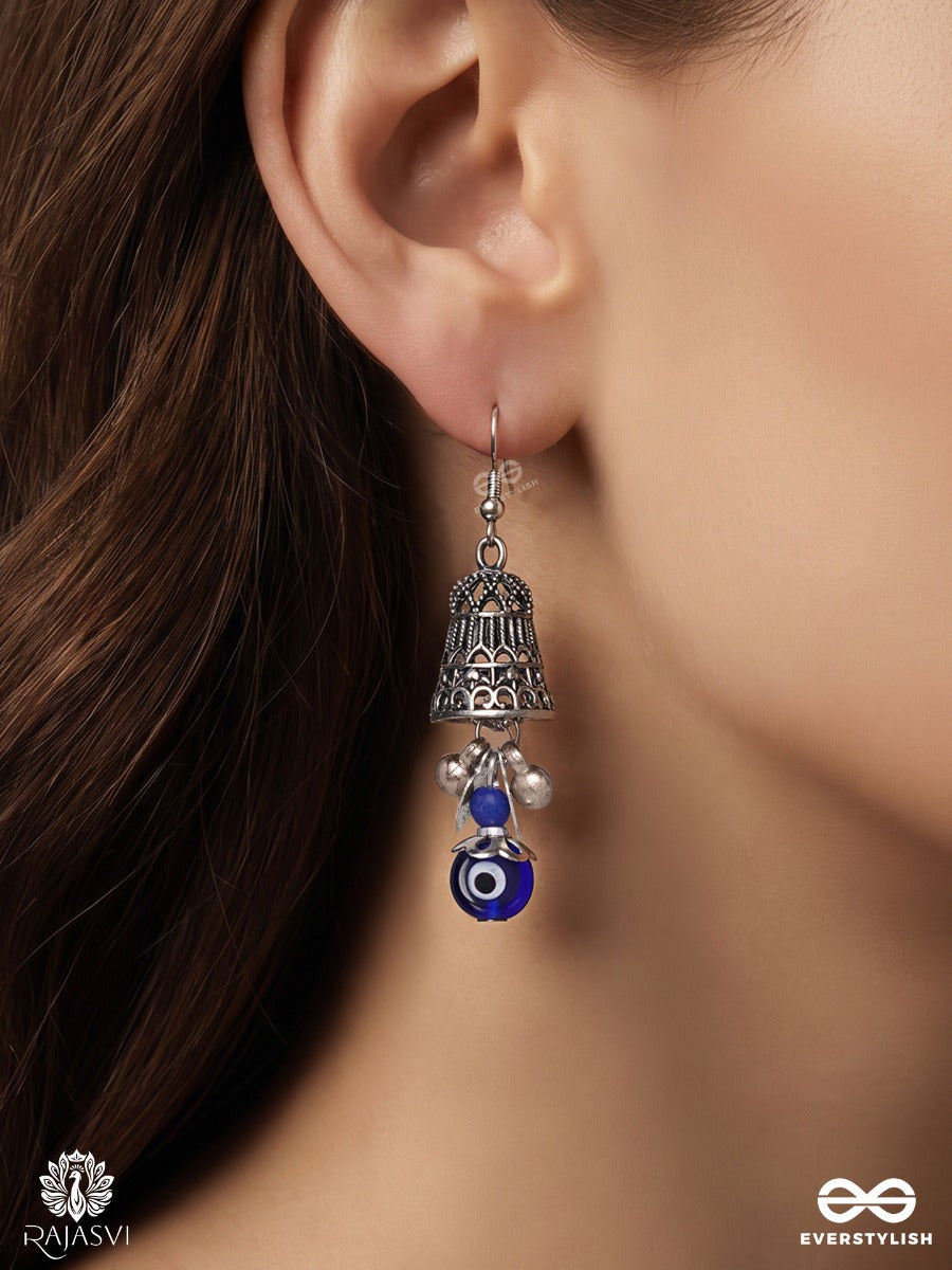 Surakshini – Mini Oxidised Jhumka Earrings With Blue Nazar Beads And Crystal Drops